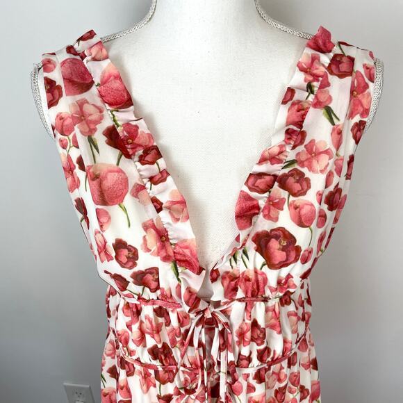 SIPOS NEW YORK Strawberry Floral Midi Dress In White Pink Size Large - Picture 5 of 14